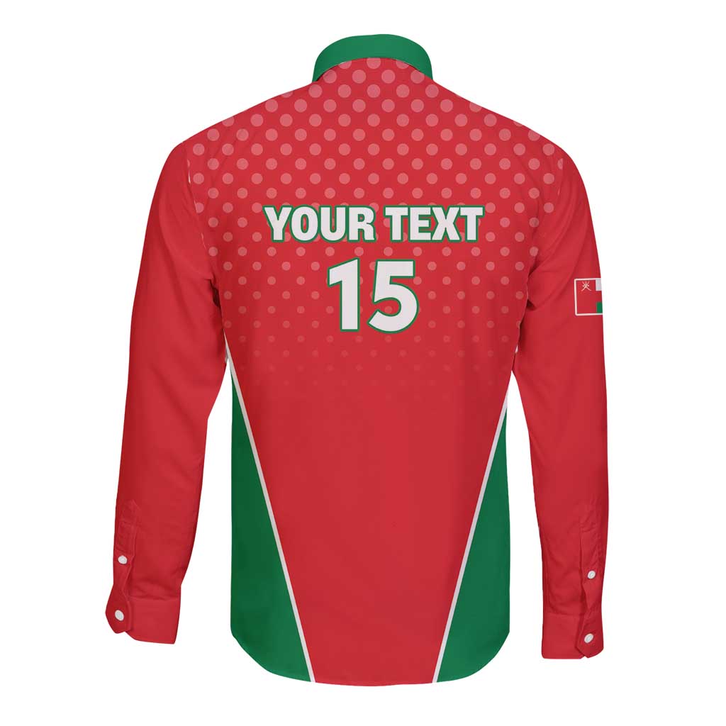 Red long-sleeve button shirt back with YOUR TEXT, number 15, and green collar