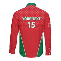 Red long-sleeve button shirt back with YOUR TEXT, number 15, and green collar