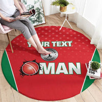 Red round cricket rug with green border, 'YOUR TEXT' and 'MAN' graphic on floor