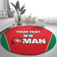 Red round cricket rug with green border and centered 'YOUR TEXT' and 'MAN' print