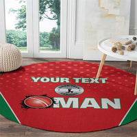 Red round cricket rug with green edge, 'MAN' cricket graphics and 'YOUR TEXT' above