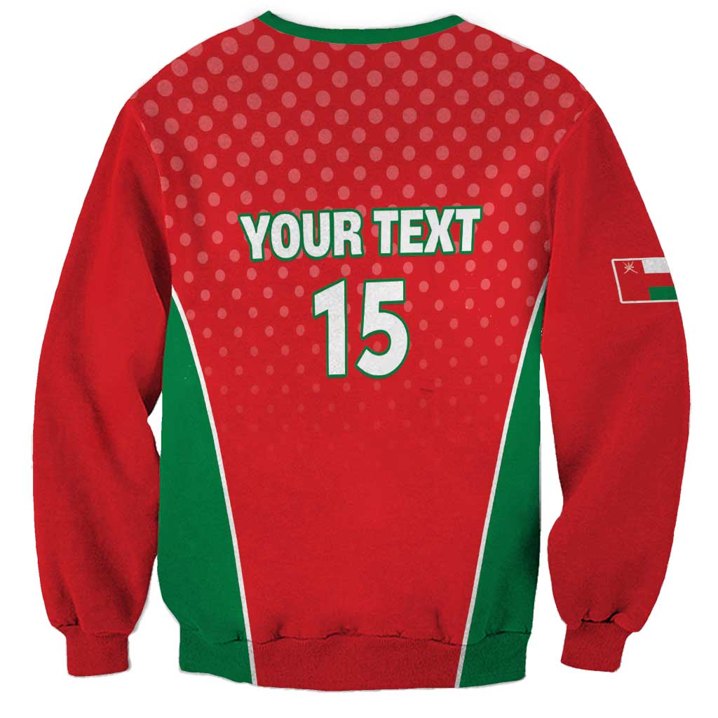 Red cricket sweatshirt, back shows 'YOUR TEXT' and '15' with green stripe