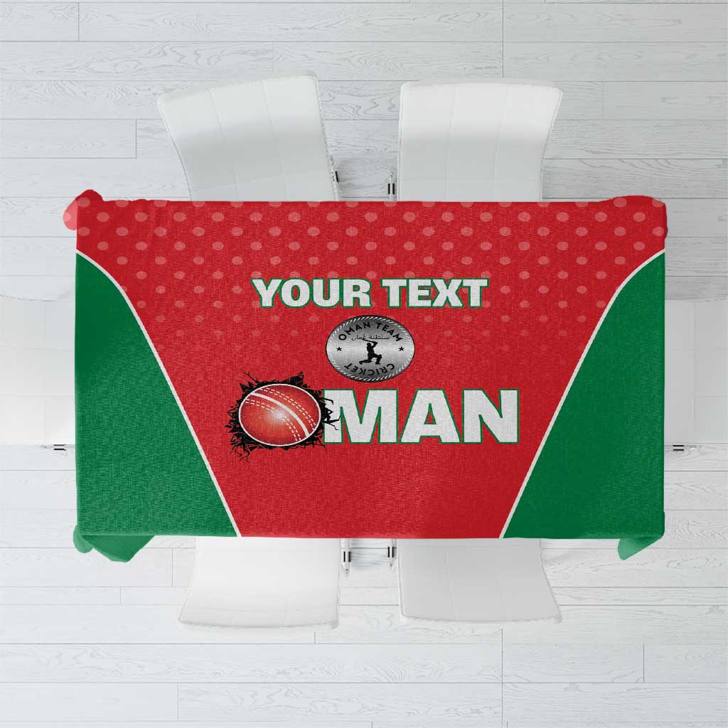 Red and green custom cricket tablecloth with Oman theme and editable text panel