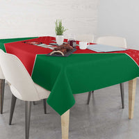 Rectangular red and green tablecloth with cricket graphic and green side panel drape
