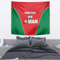 Custom cricket tapestry hanging display, red and green pattern with YOUR TEXT and Oman emblem