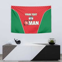 Custom cricket tapestry on wall, red and green triangular design with YOUR TEXT and Oman logo