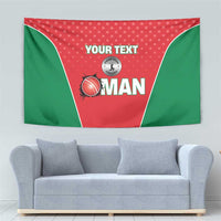 Custom cricket tapestry, red center with green side panels, YOUR TEXT and Oman emblem