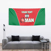 Custom cricket tapestry with red polka-dot style top, green borders, YOUR TEXT and Oman emblem