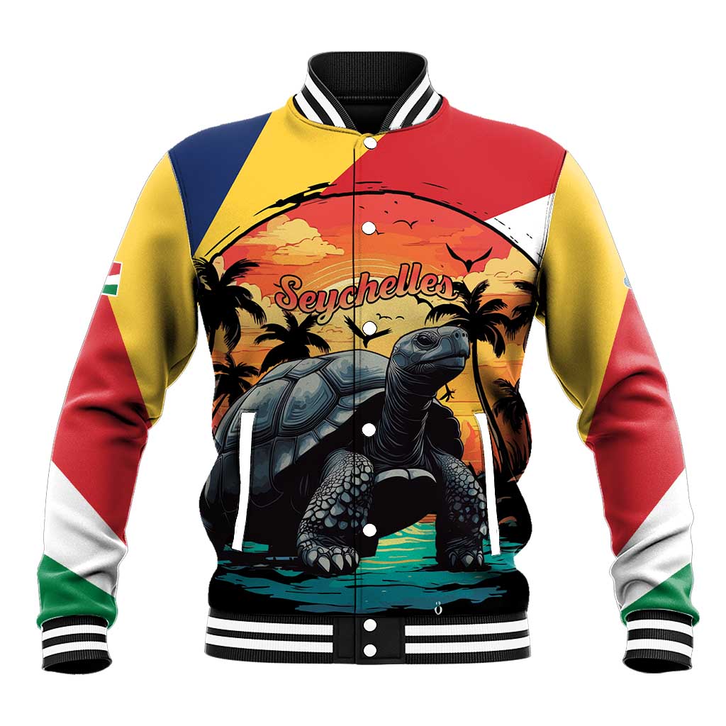 Colorful baseball jacket with striped collar, button front, and tortoise artwork.