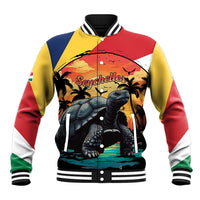 Colorful baseball jacket with striped collar, button front, and tortoise artwork.