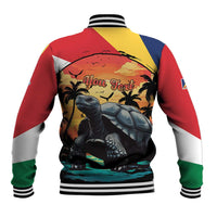 Colorful baseball jacket back view with ribbed hem and large tortoise artwork.