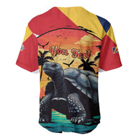 Colorful tropical tortoise baseball jersey with 'You Text' print, button-front V-neck
