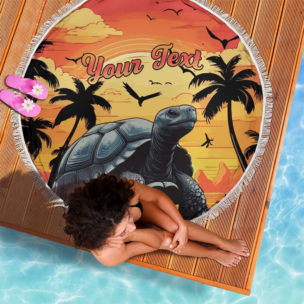 Round beach blanket with tortoise and palms, fringed edge, flat view with custom text
