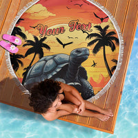 Round beach blanket with tortoise and palms, fringed edge, flat view with custom text