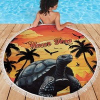 Round beach blanket with tortoise and palm silhouettes, fringed edge, custom text