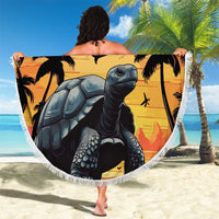 Round beach blanket with tortoise and palms, fringed edge, held up showing custom text