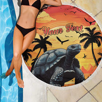 Round beach blanket with tortoise and palms, fringed edge, custom text over poolside