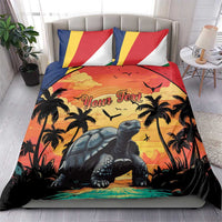 Beach tortoise bedding set with turtle, palm trees, and “Your Text” on duvet