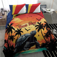 Beach tortoise bedding set with turtle scene, palm silhouettes, and “Your Text”