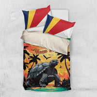 Beach tortoise bedding set flat lay, turtle graphic with “Your Text” and red/yellow pillows