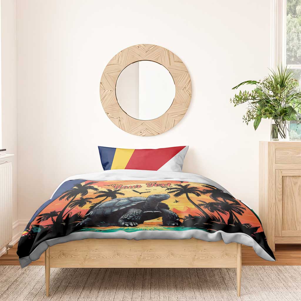 Beach tortoise bedding set with turtle and palm trees, “Your Text” duvet and pillows