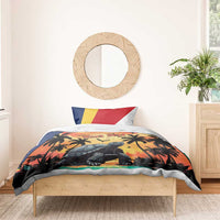 Beach tortoise bedding set with turtle and palm trees, “Your Text” duvet and pillows