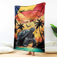 Tropical beach blanket featuring giant tortoise, palm trees, sunset sky, and 'Your Text'