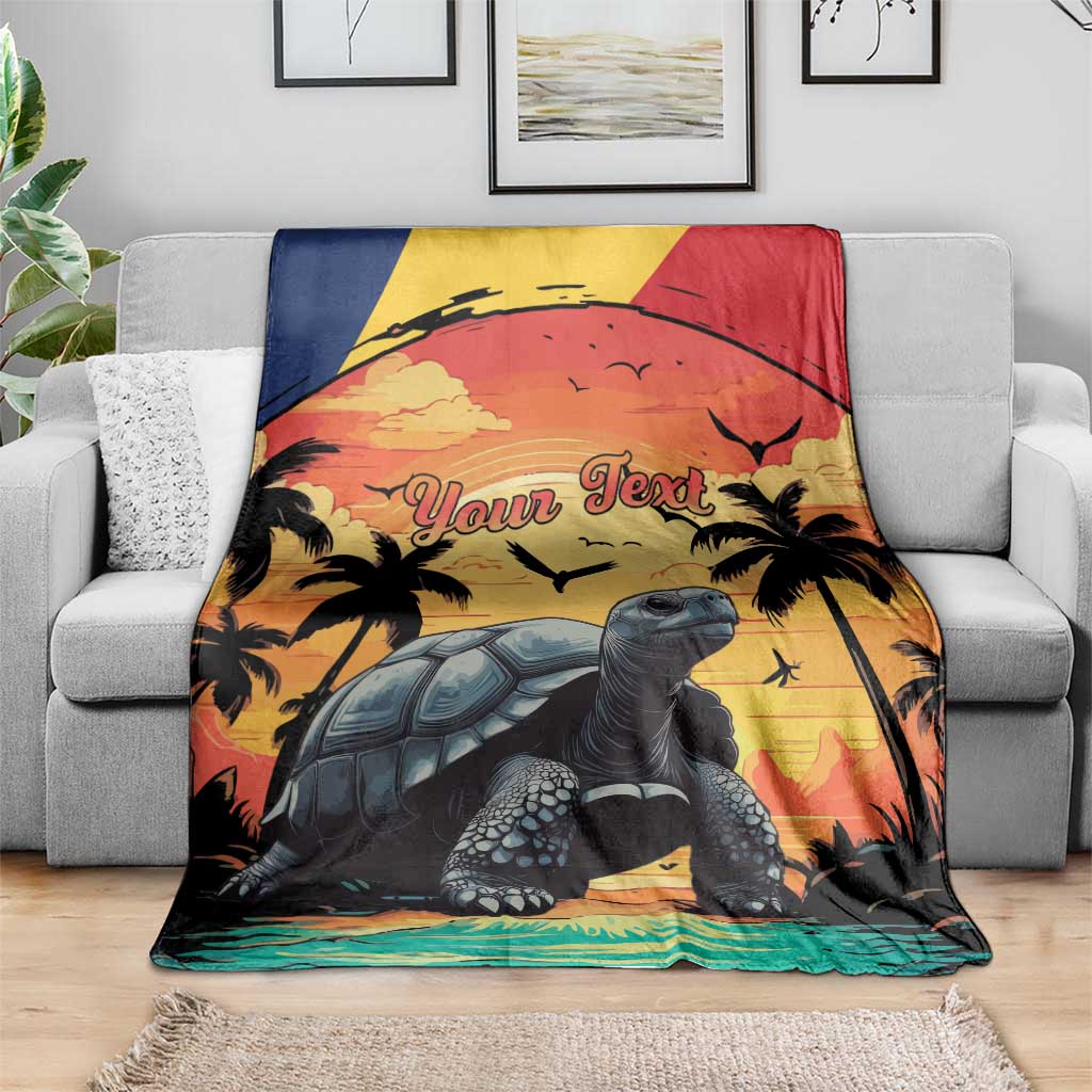 Giant tortoise beach throw blanket with palm trees, sunset colors, and 'Your Text' headline