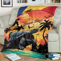 Tropical giant tortoise throw blanket with palm silhouettes, sunset arch, and 'Your Text'