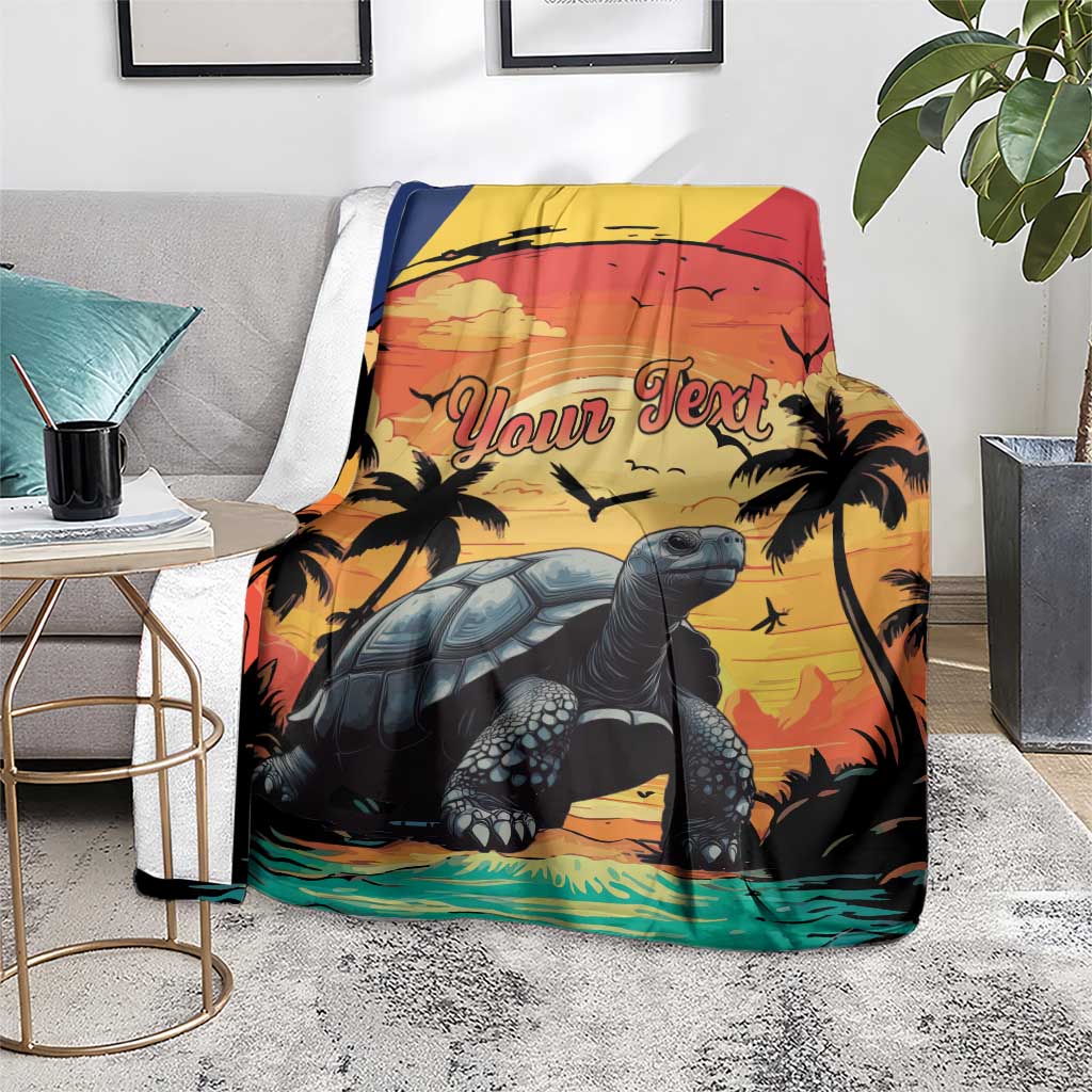Tropical giant tortoise blanket with palms, warm sunset tones, and 'Your Text' text