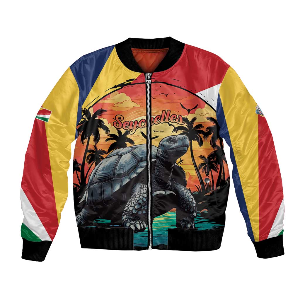 Colorful bomber jacket with tortoise and palm tree full-zip front, black ribbed trim