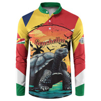 Colorful button-front long-sleeve sweatshirt with large tortoise graphic and palm trees