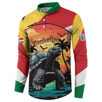 Colorful button-front long-sleeve sweatshirt with tortoise graphic and Seychelles text
