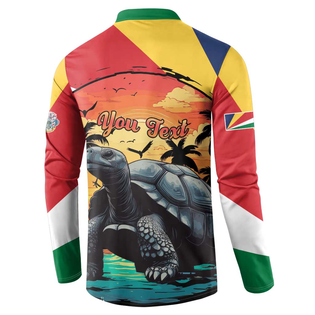 Colorful button-front long-sleeve sweatshirt, back shows tortoise scene with You Text