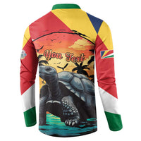 Colorful button-front long-sleeve sweatshirt, back shows tortoise scene with You Text