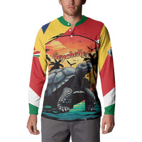 Colorful button-front long-sleeve sweatshirt with tortoise graphic and Seychelles logo