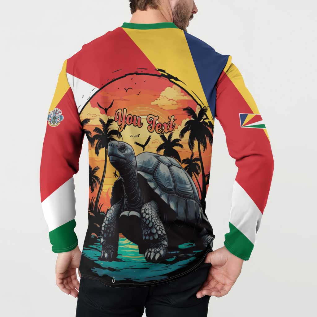 Colorful button-front long-sleeve sweatshirt, back shows tortoise scene and Seychelles flags