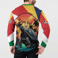 Colorful button-front long-sleeve sweatshirt, back shows tortoise scene and Seychelles flags