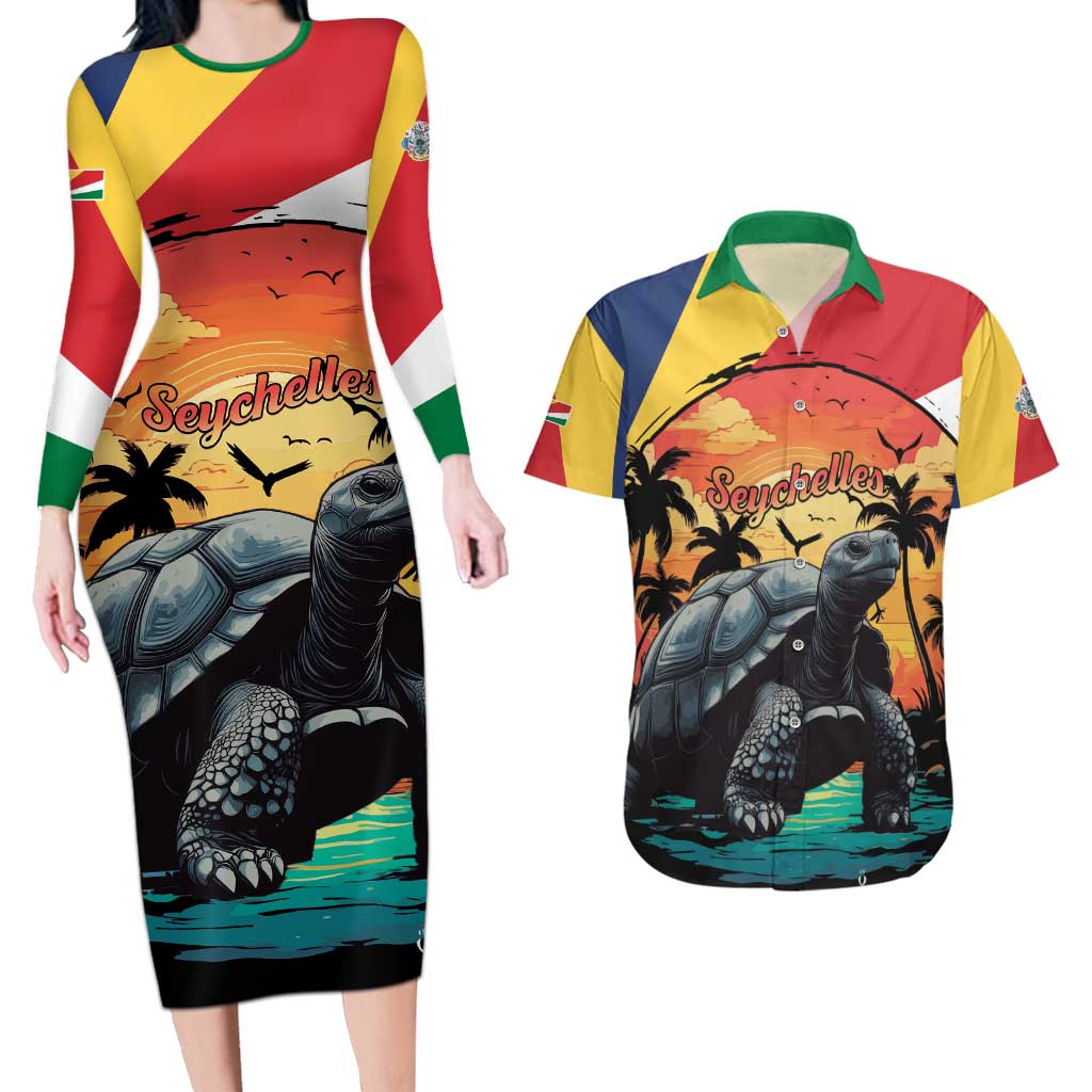 Personalised Seychelles Aldabra Giant Tortoise Couples Matching Long Sleeve Bodycon Dress and Hawaiian Shirt Beach Sunset - Wonder Print Shop