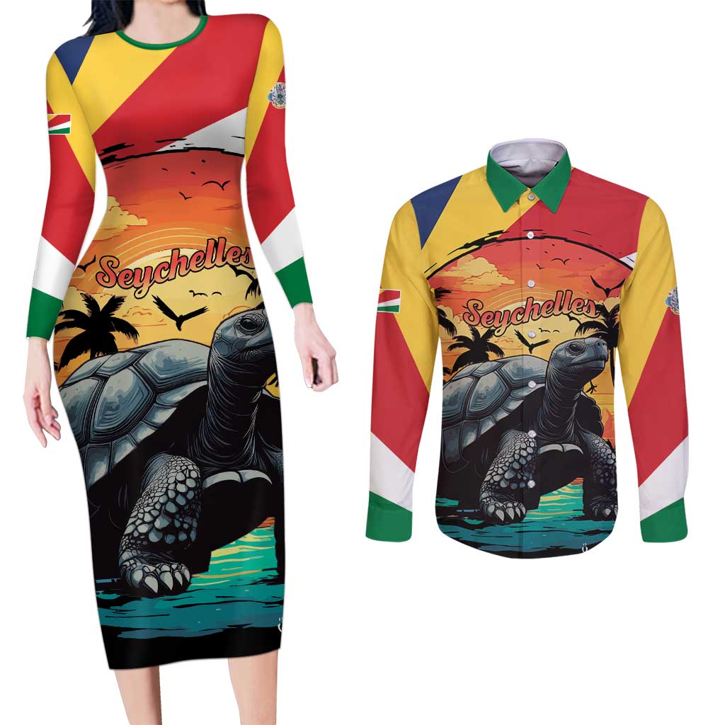 Personalised Seychelles Aldabra Giant Tortoise Couples Matching Long Sleeve Bodycon Dress and Long Sleeve Button Shirt Beach Sunset - Wonder Print Shop