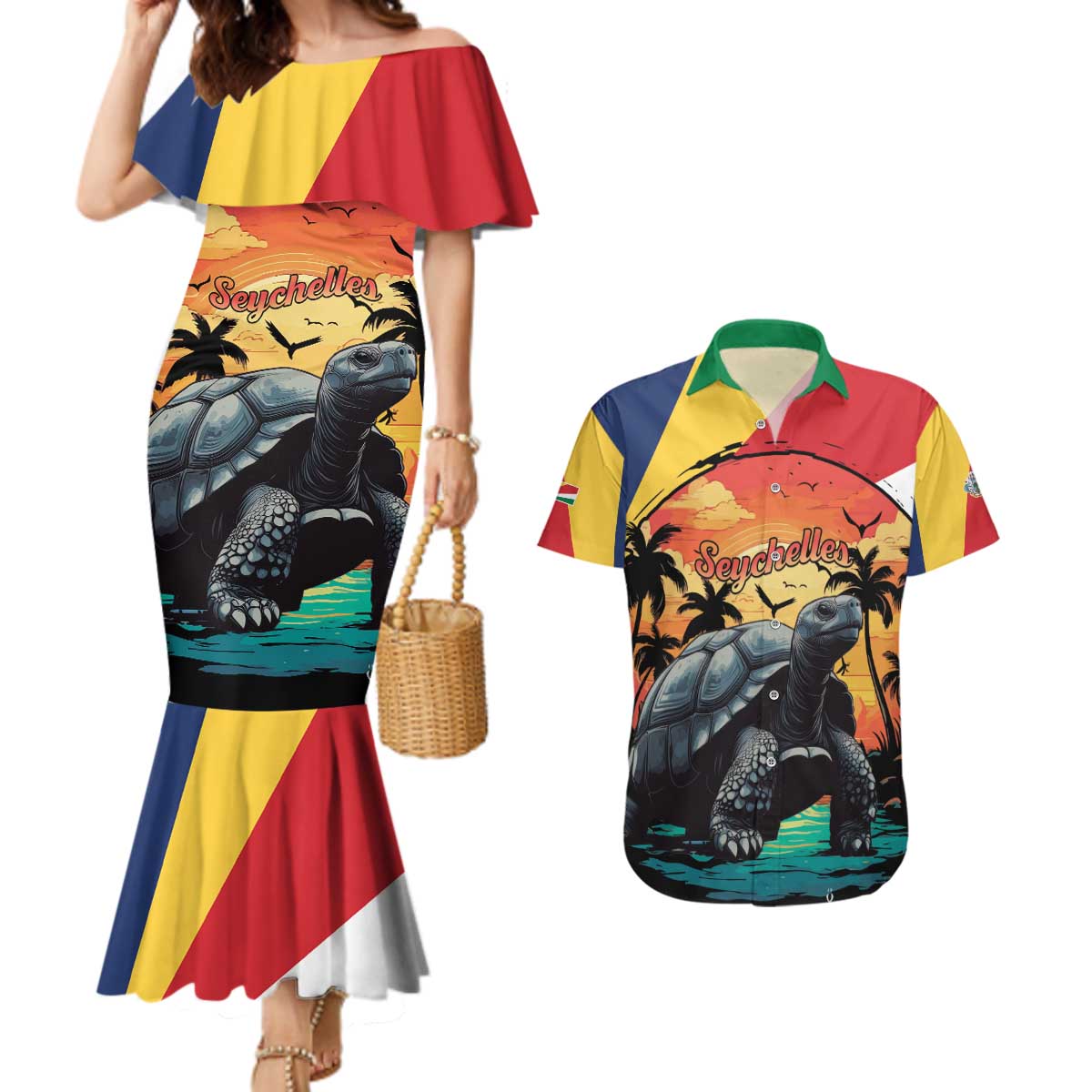 Personalised Seychelles Aldabra Giant Tortoise Couples Matching Mermaid Dress and Hawaiian Shirt Beach Sunset - Wonder Print Shop