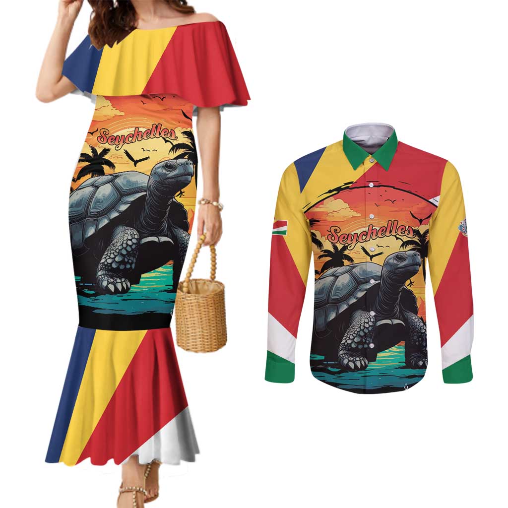 Personalised Seychelles Aldabra Giant Tortoise Couples Matching Mermaid Dress and Long Sleeve Button Shirt Beach Sunset