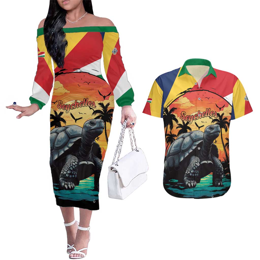 Personalised Seychelles Aldabra Giant Tortoise Couples Matching Off The Shoulder Long Sleeve Dress and Hawaiian Shirt Beach Sunset - Wonder Print Shop