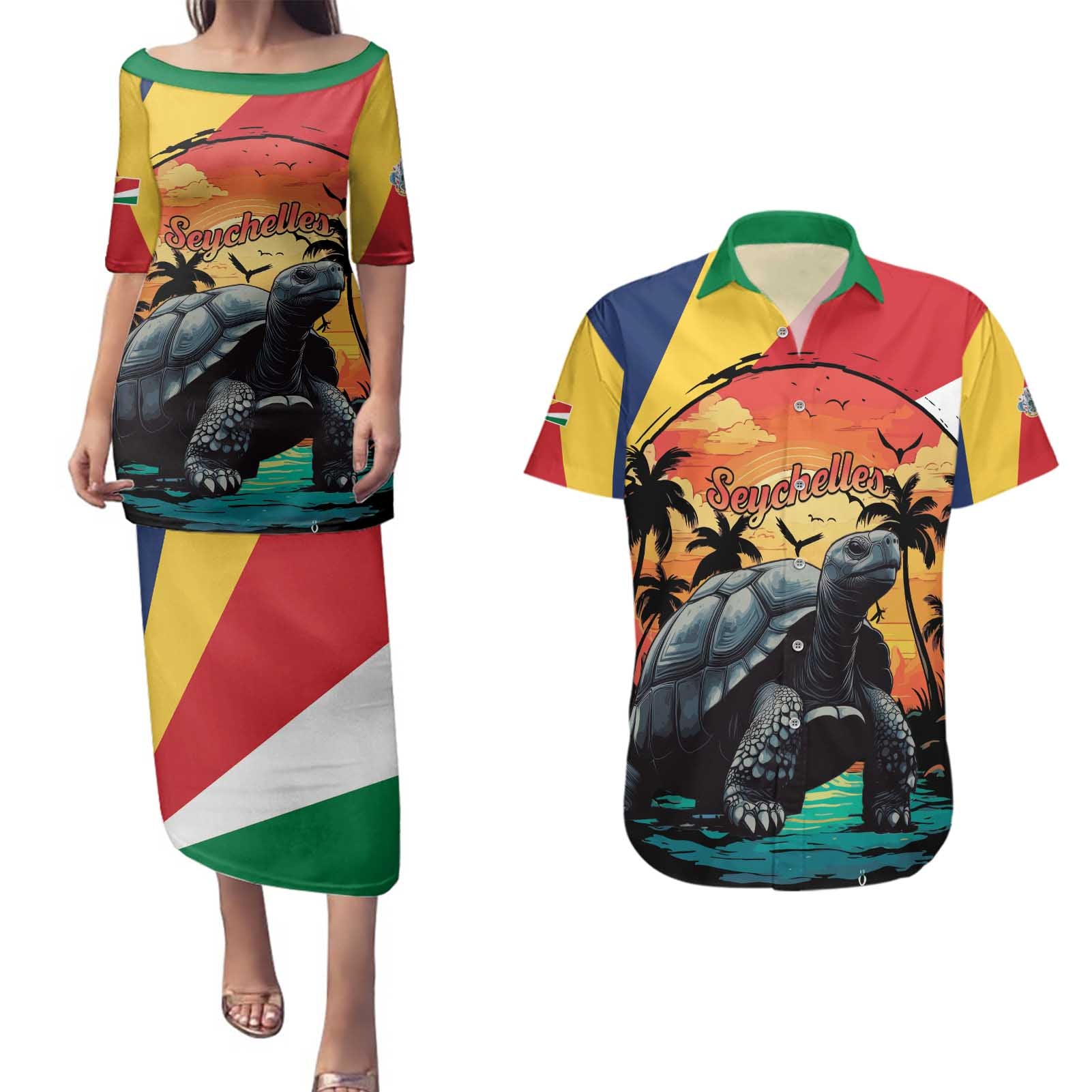 Personalised Seychelles Aldabra Giant Tortoise Couples Matching Puletasi and Hawaiian Shirt Beach Sunset - Wonder Print Shop