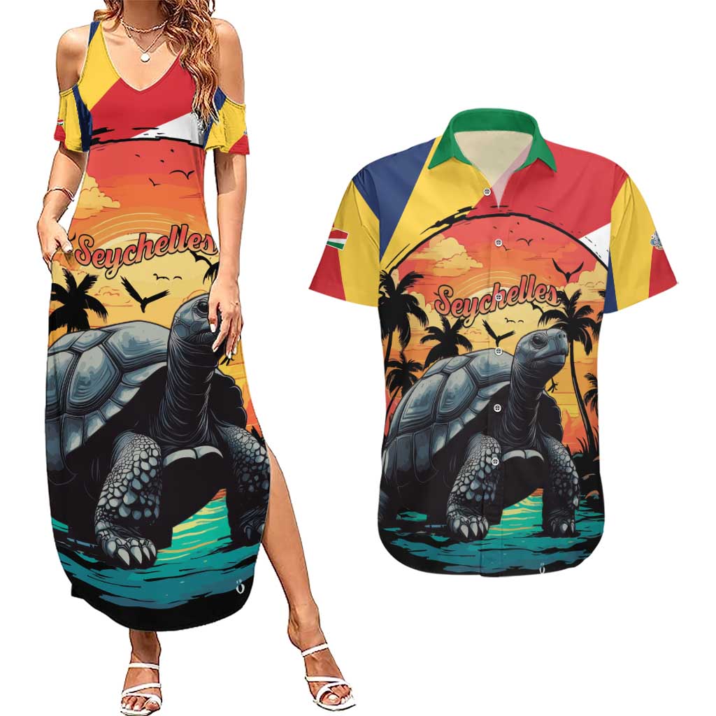 Personalised Seychelles Aldabra Giant Tortoise Couples Matching Summer Maxi Dress and Hawaiian Shirt Beach Sunset - Wonder Print Shop