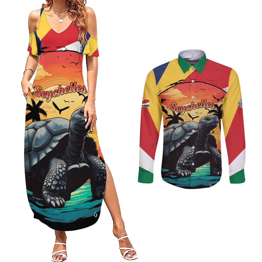 Personalised Seychelles Aldabra Giant Tortoise Couples Matching Summer Maxi Dress and Long Sleeve Button Shirt Beach Sunset - Wonder Print Shop