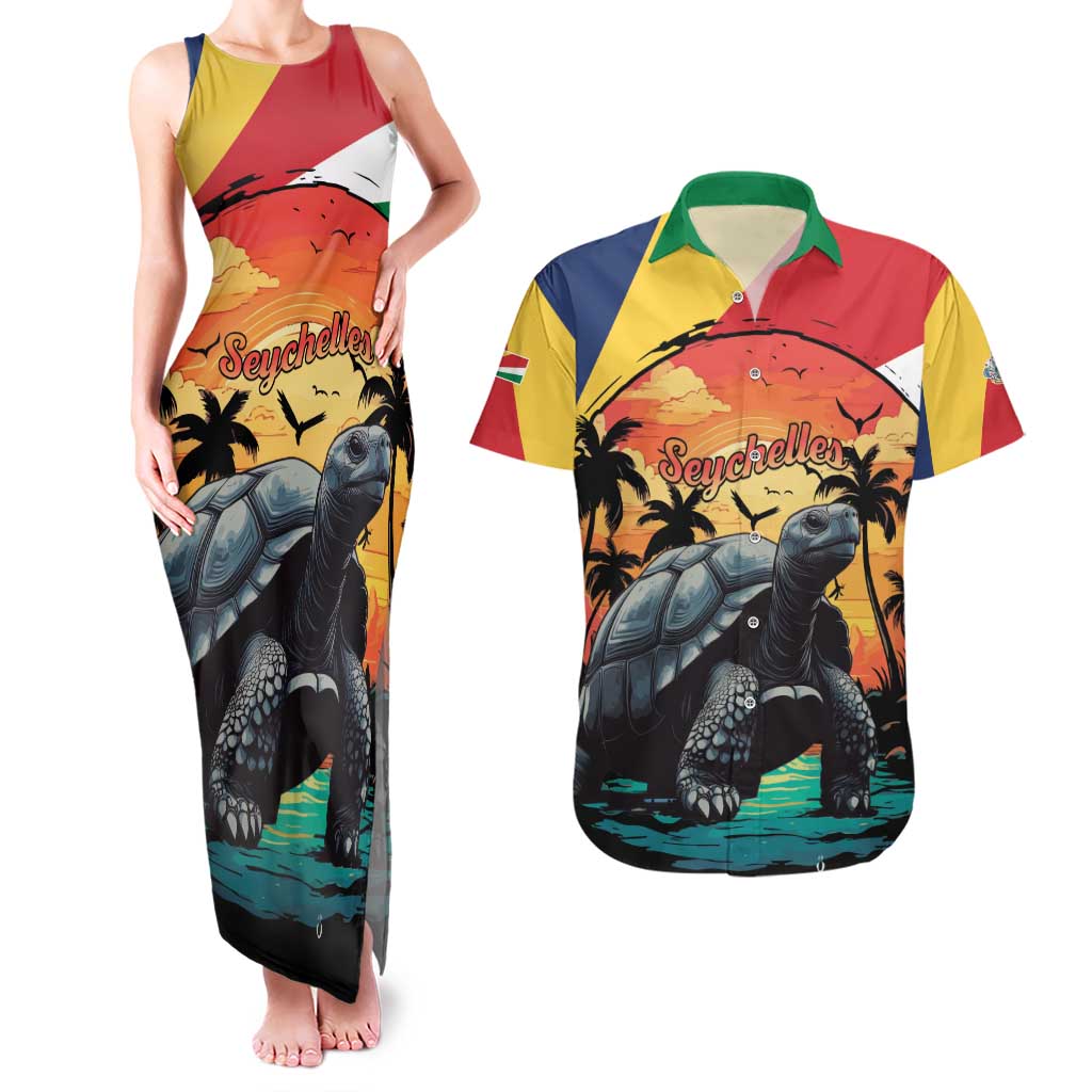 Personalised Seychelles Aldabra Giant Tortoise Couples Matching Tank Maxi Dress and Hawaiian Shirt Beach Sunset - Wonder Print Shop