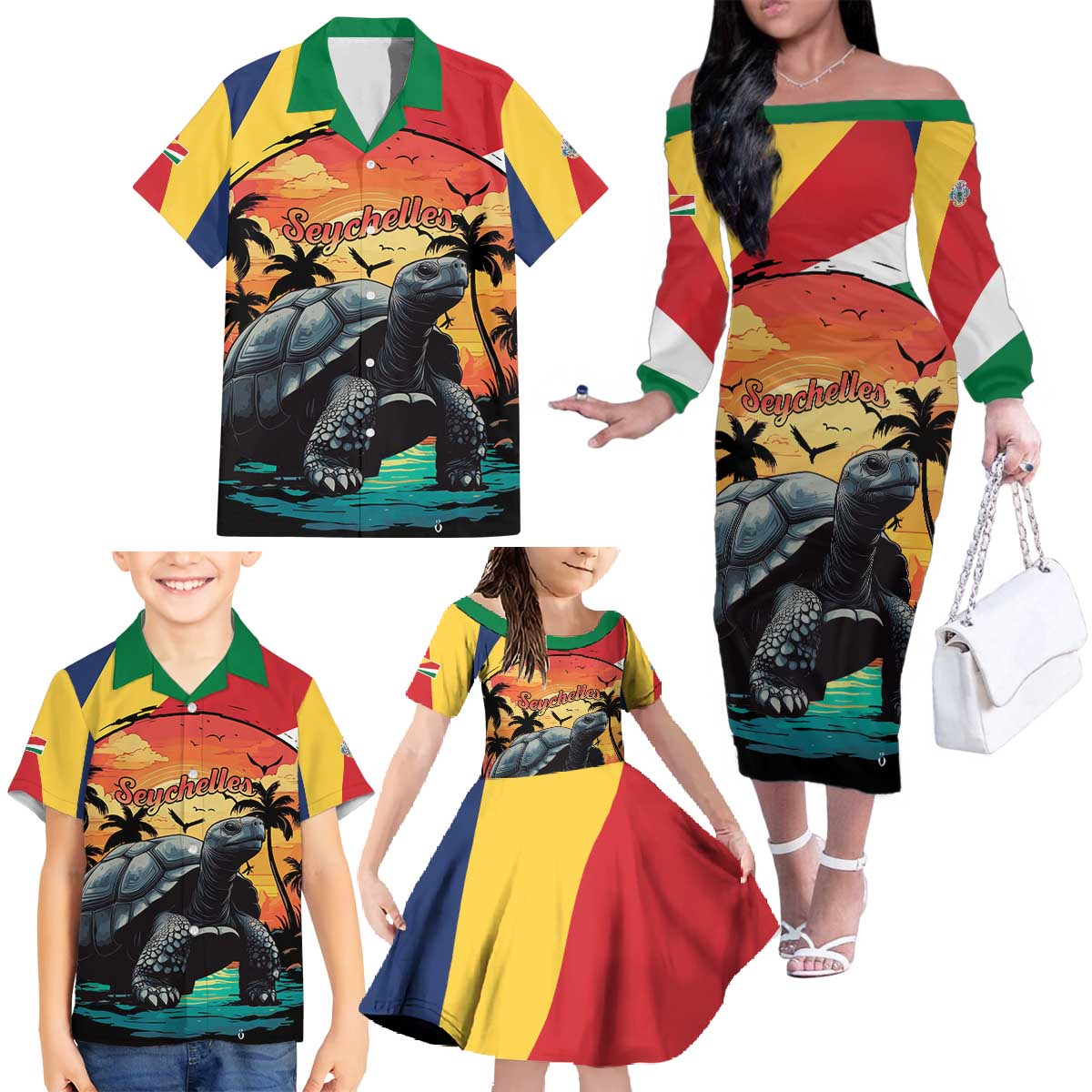 Personalised Seychelles Aldabra Giant Tortoise Family Matching Off The Shoulder Long Sleeve Dress and Hawaiian Shirt Beach Sunset - Wonder Print Shop