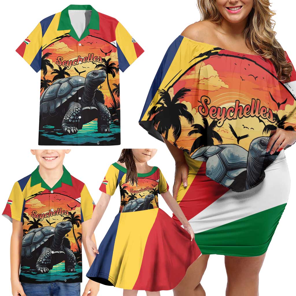 Personalised Seychelles Aldabra Giant Tortoise Family Matching Off Shoulder Short Dress and Hawaiian Shirt Beach Sunset - Wonder Print Shop