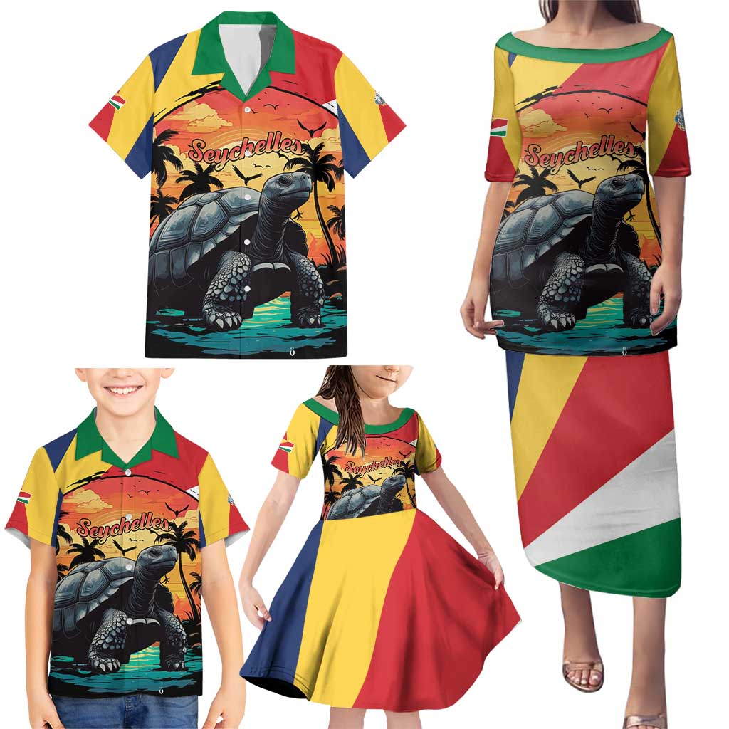 Personalised Seychelles Aldabra Giant Tortoise Family Matching Puletasi and Hawaiian Shirt Beach Sunset - Wonder Print Shop